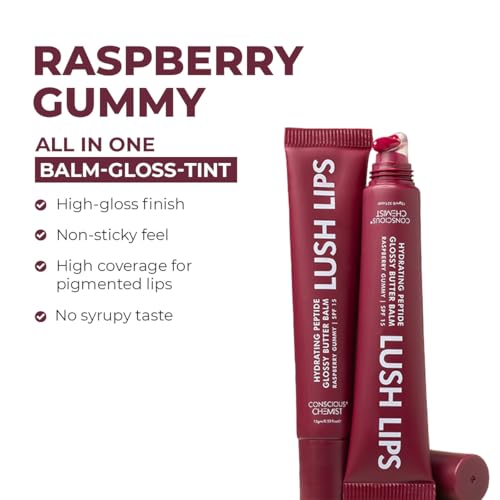 Image of Conscious Chemist Peptide Lip Balm SPF15 - Raspberry Gummy | 24 hr Hydration & Moisturizing Lip Balm for Dark & Pigmented Lips | Sun Protection | Soothes Dry Lips & Repair Moisture Barrier - 15g , Burgundy