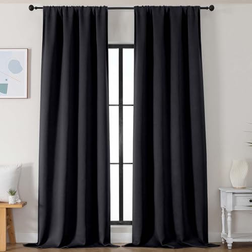 Image of Simplebrand Black Blackout Curtains for Bedroom 102 Inches Long 2 Panels, Solid Thermal Insulated, Energy Saving Living Room Window Treatment Curtains Blackout Drapes, W50 x L102 Inch, Black