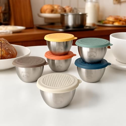 Image of Pack of 4 Stainless Steel Sauce Cups with Lids, 50ml Leak-Proof Mini Condiment Containers for Salad Dressing, Chutney, Pickle, Dips, Tiffin, Lunch Box, Travel, Reusable Silver