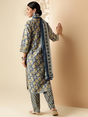 Image of Vbuyz Women'S Floral Print Straight Cotton Blue Stitched Kurta, Pant And Dupatta | Women's Kurta Suit Set l Kurta with Pant Set