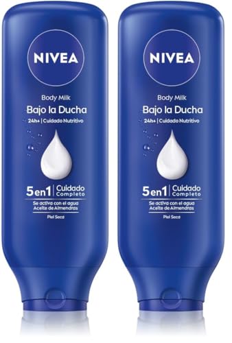 NIVEA Body Milk Bajo la Ducha - Loción Corporal Hidratante para la Ducha 5 en 1 Cuidado Completo - 24h de Hidratación - Aceite de almendras - Se Activa con el Agua - Piel seca - Pack de 6 x 400 ml