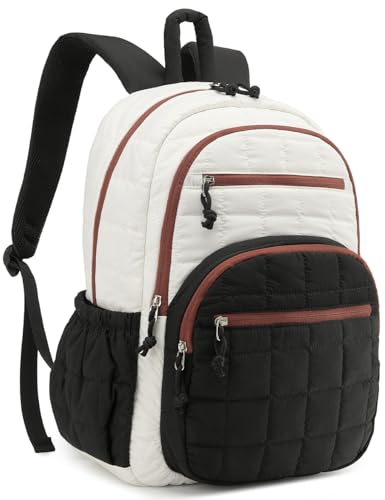 Image of Bookbag for Women, Teen Girls Backpack for High School College Student, Puffer Quilted Back Pack Cute Laptop Backpack for Work Travel Mom Casual Daypack, Beige Black Brown