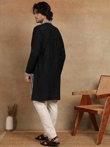 Image of Amazon Brand - Tavasya Men Printed Kurta with Ethnic Motif Border | Special Haldi Kurta | Festive Embellished Long Kurta | Embroidery Kurta | Ethnic Wear | Mandarin Collar | Knee Length