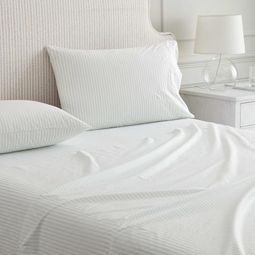 Image of Martha Stewart - Twin Size Sheets Set, Crisp & Tailored Cooling Sheets with a Smooth Cotton Percale Lightweight Feel - Bed Sheets with Matching Pillowcase & Fitted Sheet (Ticking Stripe Green)