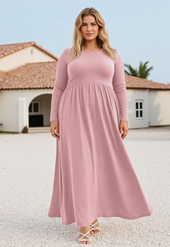 Image of Nemidor Plus Size Maxi Dress for Curvy Women Fall Casual Loose Long Sleeve Dresses with Pocket 14-26