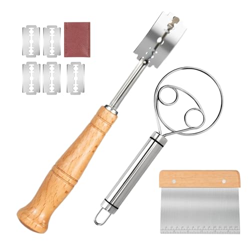 Dkoyied Hand Crafted Bread Lame Premium Sourdough Scoring Tool Bread Making Tools Set of 3 pieces Bread Knife(5 Blades) with Danish Dough Whisk and Dough Scraper Bread Cutter