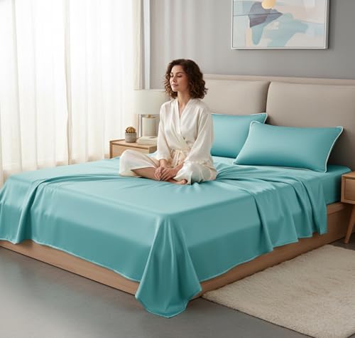 Image of VAS COLLECTIONS Satin Bedsheet King Size (108 x 108 Inches) | 300 TC Ultra Soft Silky Smooth Satin Bed Sheet with 2 Pillow Covers | Luxury Satin Bedsheets for Double Bed (Aqua Blue)