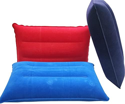 Inflatable Pillow for Camping Travel Pillow Flocked Fabric Air Pillow for Comfortable, Ergonomic Inflating Pillows for Neck & Lumbar Support While Camp Hiking Backpacking (Purple , Red, Royal Blue)