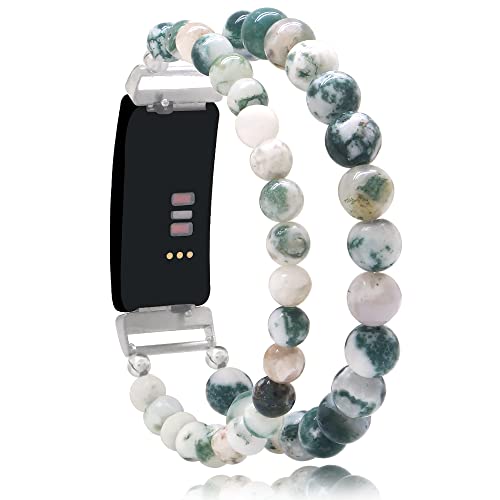 C&L Accessories Compatible with Fitbit Inspire/Inspire HR Bands for Women Girls, Beaded Bracelet Adjustable Gemstone Replacement Wristband Straps for Fitbit Inspire/Inspire HR (Vertical Agate)