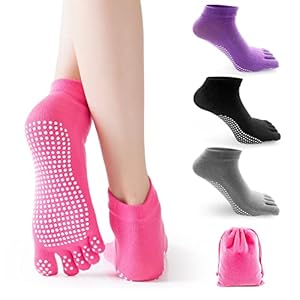Yoga Toe Socks with Grips for Women Non-slip Socks for Pilates Barre Fitness Dance 4 Pairs