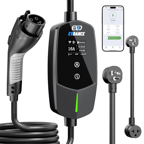 EVDANCE Level 1 & 2 Portable EV Charger (15A/16A), Smart App Control & WiFi/Bluetooth Enabled, 25ft Cable, ETL Listed J1772 EVSE for All EVs & PHEVs (16A Smart | NEMA 5-20 & 6-20 (T-Blade))