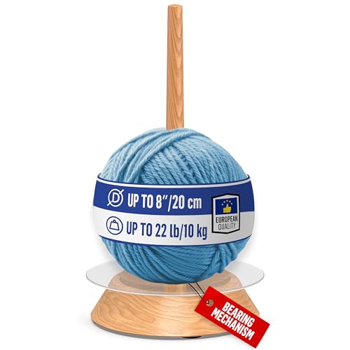 BarvA Yarn Holder 22 Lb Capacity w/ Acrylic Disk for 12 Inch Chunky Yarn Cakes | Smooth Bearing Spinner & Big Rubber Anti Slip Pads | European Wood Crochet Accessories & Pro Tools for Fiber Crafts