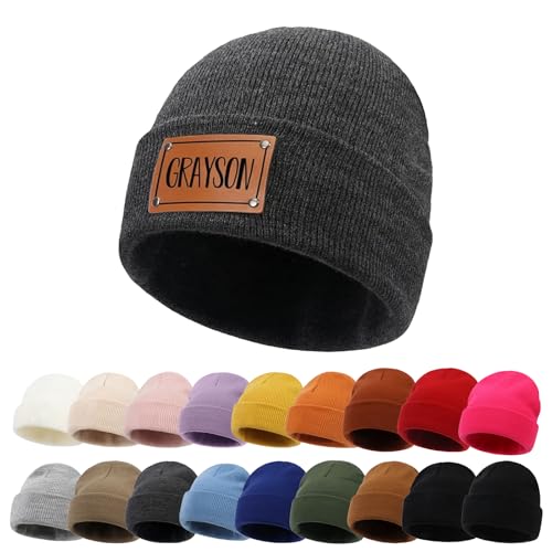 Personalized Toddler Beanie Hat - Custom Name Leather Patch Baby Knit Hats, Dark Gray Winter Knit Hats for Newborn Kid Adult