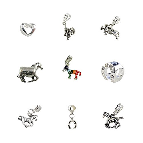 UniqueBeadsAndGifts Set of 9 Horse Charms and Beads Includes Horse Charms, Horseshoe Charms, Saddle Charms, Jockey Charms