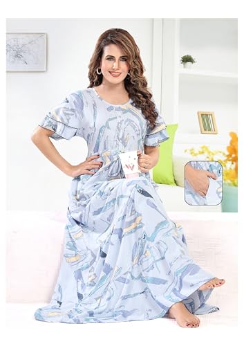Image of NIGHT SHADES | Alpine Frock Style Designer Nighty |Women's Abstract Print Maxi Dress | Ruffle Sleeve |Cotton Blend| Women Nighty | Nighty for Women | Gown |