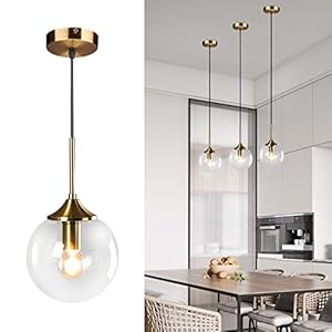 KCO Lighting Clear Glass Globe Hanging Light 1-Light Mid Century Modern Light Fixture Pendant Light Adjustable for Indoor Bedroom Kitchen Island Living Room (Clear)
