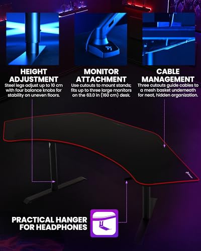 Image of Arozzi Arena Angelo L Shaped GamingDesk, PC GamingDesk L Shape, Height Adjustable L Shaped Standing Desk for Home Office, with Full Coverage Mouse Pad (Black)