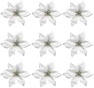 Yuknees 30Pcs Poinsettia Artificial Flowers Christmas Tree Decoration 6" Xmas Tree Ornaments Glitter Christmas Flowers for Wedding Party Christmas Tree Decorations (White)