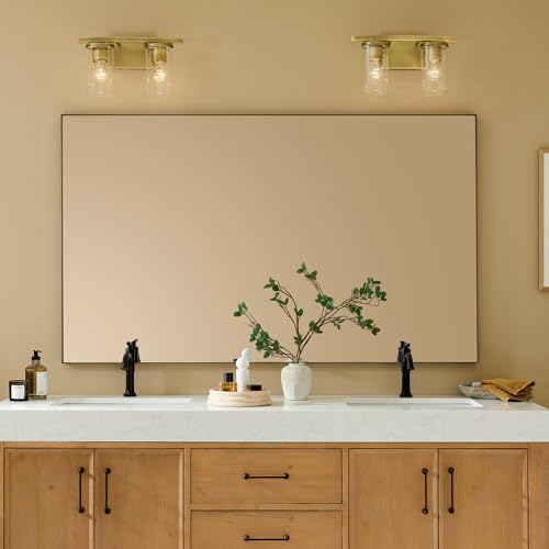 Image of Kichler Crosby 15.25 inch 2-Light Bathroom Vanity Light Fixture with Clear Glass in Natural Brass for Powder Room, Modern Wall Mount Light (15.25 inch x 8.75 inch), 45496NBRCLR