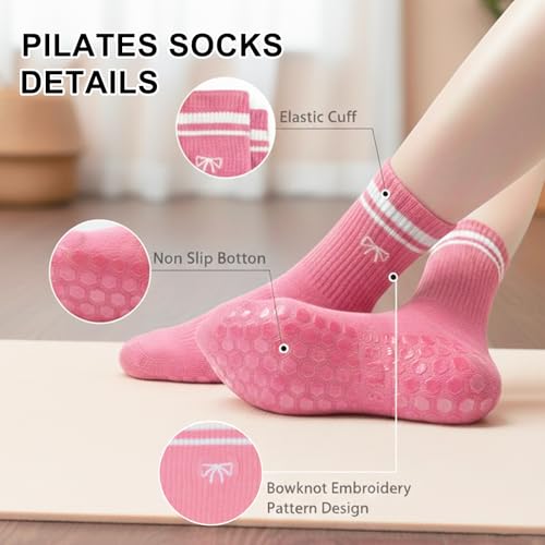 Image of Non-Slip Pilates Yoga Socks for Women Cotton Crew Striped Bow Embroidery for Barre Ballet Dance Workout