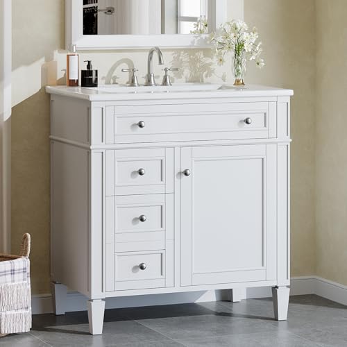 Tribesigns 30-Inch Bathroom Vanity with Sink, Modern Bathroom Sink Cabinet with 3 Drawers & 2 Doors, Bath Storage Vanity Sink with Metal Handles, Solid Wood Frame, Paint Surface White