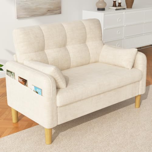 Sofá pequeño beige de chenilla con bolsa lateral para ahorrar espacio 2