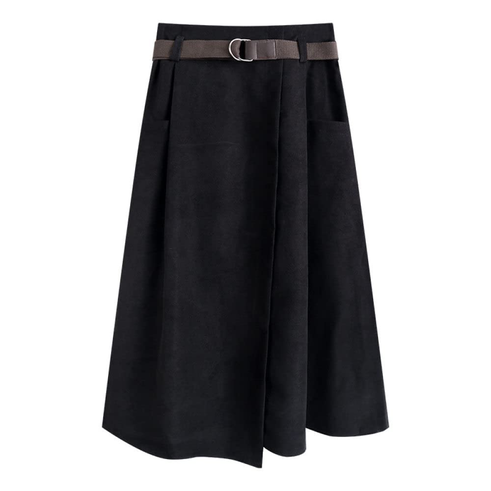 OZEO Gonne,Gonna Midi da Donna Nera Vita Alta Gonna Ombrello con Spacco Irregolare Tinta Unita con Cintura A-Line Cargo Casual Increspato Gonne Lunghe per Ragazze Donna Autunno Inverno,L