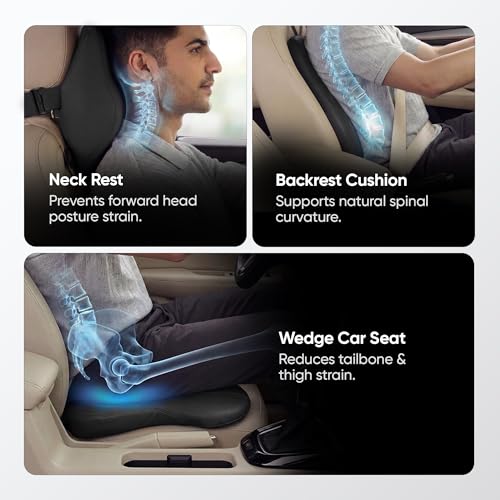 Image of Frido Premium Car Comfort Bundle with Memory Foam Neck Rest, Lumbar Backrest and Wedge Seat Cushion Set of 3, Ergonomic Neck Back and Tailbone Support for Long Drives and Daily Commutes | Black