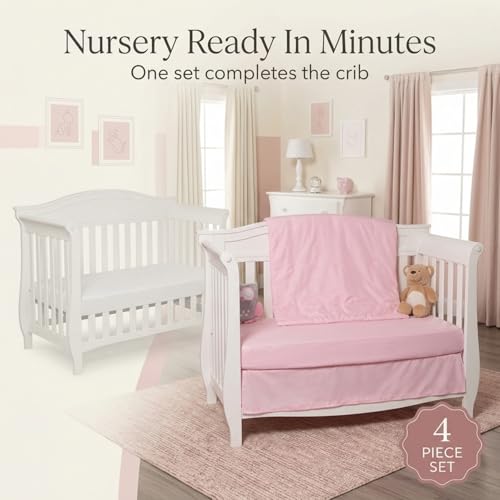 Image of EVERYDAY KIDS 4 Pc Crib Bedding for Girls Nursery Set Includes Baby Bed Quilt, Fitted Sheet, Dust Ruffle and Diaper Stacker- Nursery Bedding Set - Baby Crib Bedding Set in Pink
