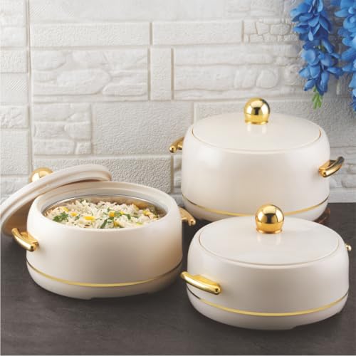 Image of Modware Atlantis Casserole Set of 3-1500ml /2000ml /2500ml Elegant Design Premium Hot Pot, Retains Temperature for Hours, Insulated Inner Steel Casserole for Roti Hot Box for Home Chapati Box (Ivory)
