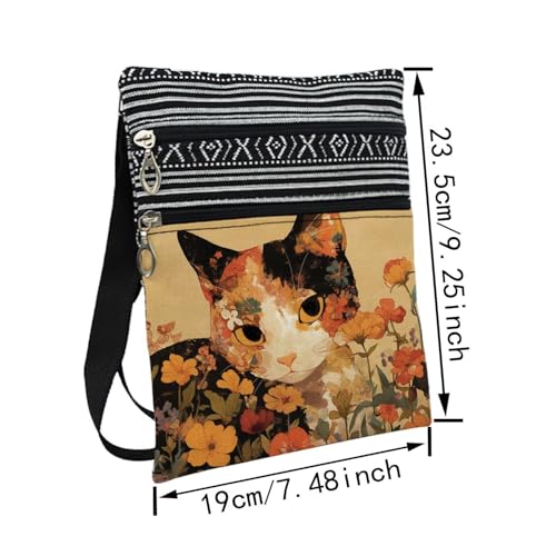 Floral Cat Messenger Bag Small Ethnic Pattern Printed Adjustable Strap Crossbody Zipper Bag Floral Cat Phone Bag Wallet Cute Shoulder Handbag for Women2