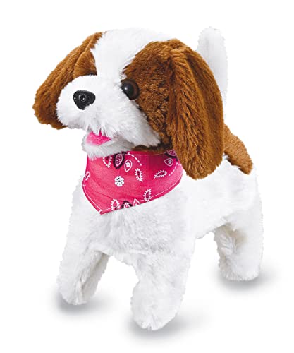 JAMARA -Lucky RC Plüschhund 27MHz- Weiches Fell, bewegt die Schnauze und Kopf, wedelt mit dem Schwanz, realistisches Hundebellen, Weiß-Braun