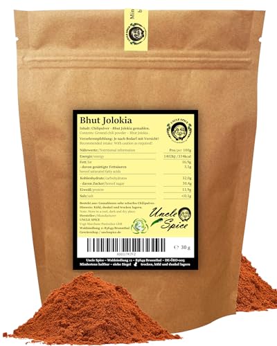 UNCLE SPICE® BHUT JOLOKIA Chilipulver 30g - eine der schärfsten Chili der Welt - Geisterchili in Premiumqualität - NAGA JOLOKIA - Chilischoten in Pulver - 1.0 Mio Scoville - Achtung EXTREM SCHARF