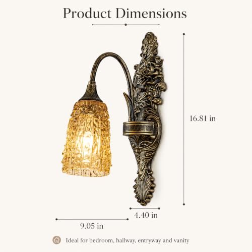 Image of Rustic Glass Wall Sconce Vintage Antique Gothic Black Brush Gold Wall Light Fixture Retro Mid Centry Glass Wall Sconce for Bedroom, Living Room, Mirror, Hallway