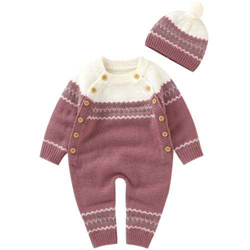 Image of Opewod Baby Newborn Knitted Sweater Romper Longsleeve Outfit with Warm Hat Set