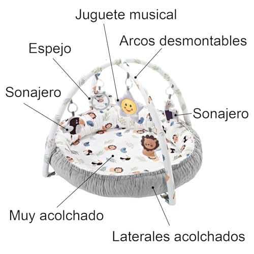 Olmitos – Ginásio para bebés multifuncional e evolutivo com arcos de brinquedos LION, manta de jogos, brinquedos suspensos e música – estimula o desenvolvimento motor e sensorial do bebé