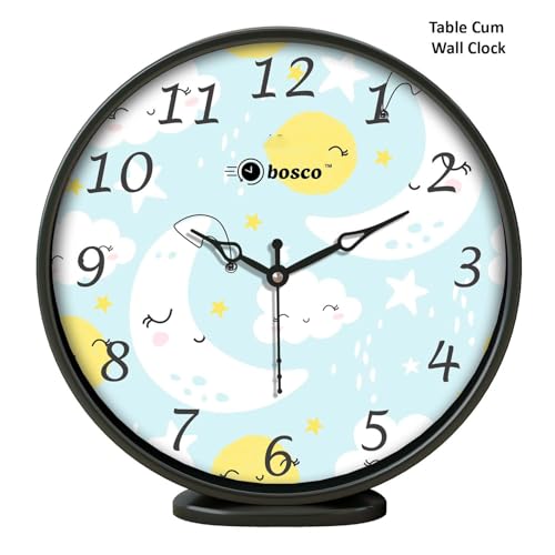 Image of Bosco Modern and Decorative Non Ticking Silent, Sky Blue dial with Black Frame 20 CM Table Cum Round Wall Clock for Home, Living Room, Bedroom, Office and Kitchen I BWC-1205