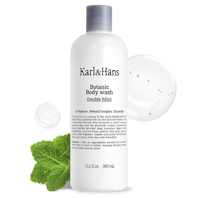 Karl&Häns Botanic Double Mint Vegan Body Wash - Organic, Moisturizing, Natural Shower Gel with Peppermint for Men and Women - Sulfate and Silicone-Free, 13.2 fl oz