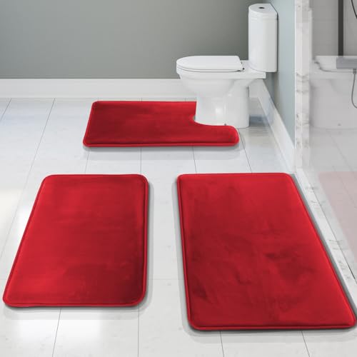 Clara Clark 3 Piece Bathroom Rugs Bath Mat Set Velvet Memory Foam Bath Mats for Bathroom - Non-Slip PVC Backing Bath Rugs Washable - Dries Quickly Burgundy