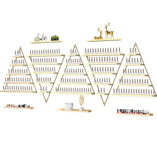 10PCS Metal Wall-mounted Nail Polish Storage Racks, Lorvain 5 Tiers Gold Triangular Display Rack Cosmetic Display Cases Lipstick Perfume Wall Shelf Essential Oil Organizer for Home Spa Nail Salon Shop