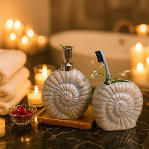 Image of Ceramic Bathroom Set of 2 | Soap Dispenser 300ml & Toothbrush Holder | Premium Shaded Grey Shell Design | Luxury Sink, Washbasin & Vanity Accessories | Grey