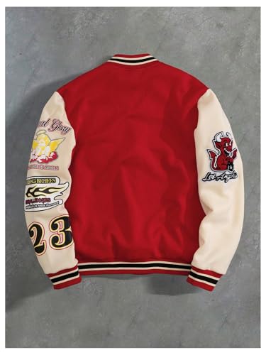 GORGLITTER Men's Letter Graphic Varsity Jacket Long Sleeve Striped Trim Button Bomber Jackets Red Figure Medium