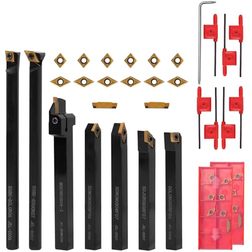 21 Pieces Lathe Turning Tool Kit, 5/16 Inch (8MM) Shanks, 7 Metal Lathe Holders and 14 Indexable Carbide Inserts for Precision Turning, Grooving, Threading, and Boring
