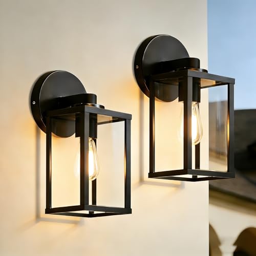 EBION Lot de 2 Applique Murale E27 Extérieure, Lampe Murale Imperméable IP44, Noir, Éclairage Mural pour Couloir Entrée Balcon, Aluminium+Verre,...
