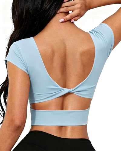 Image of DaiLiWei Open Back Workout Tops for Women Short Sleeve Longline Sports Bras Support Crop Tank Yoga Shirts with Built in Bra