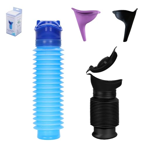QOWMMYID 2 Packs Emergency Urinal, Collapsible Portable Urinal with Silicon Female Funnel,Outdoor Travel,Camping,Shrinkable Mobile Toilet Potty Pee Bottle for Kids Adult (Blue+Black)