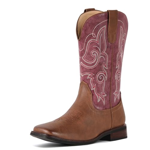 Image of IUV Cowboy Boots For Women Square Toe Cowgirl Wide Mid Calf Western Boots | Comfortable, Pull-on, Colorful Embroidered, Vintage-modern, Stylish for Daily Life and Outdoor Adventures.
