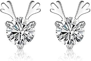 Christmas Gifts Silver Stud Earrings for Women, Hypoallergenic 925 Sterling Silver Xmas Reindeer Antlers Deer Faceted Cubic Zirconia Small Stud Earrings for Her Girls Birthday Gifts, White Gold