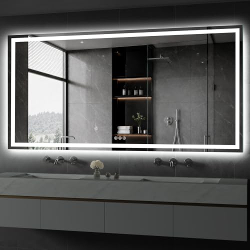 Image of Koonmi 72x36 LED Bathroom Mirror with Light, Anti-Fog, 3 Colors | Backlit + Front Lit, Dimmable Brightness, Shatterproof HD Distortion-Free Tempered Glass, Hardware Included