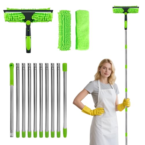 4,5m RéGlable Lave Vitre Telescopique, Raclette Vitre Telescopique 2 en 1 avec Brosse Microfibre, kit Professionnel de Nettoyage des Vitres, Raclette Vitre...